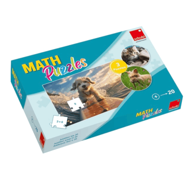 Forlaget Vektor – Matematik – Puslespil – SCHUBI MathPuzzles – Sjov træning i addition op til 20 Lærende leg for indskolingen: Hvert rigtigt svar afslører en farverig kat, hund eller kanin.
