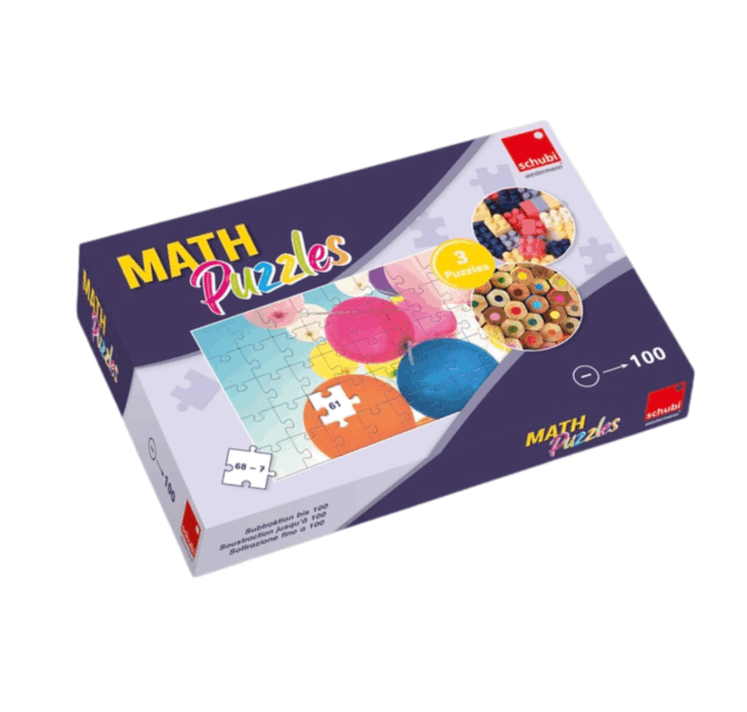 Forlaget Vektor · Matematik · Puslespil · SCHUBI MathPuzzles: Subtraktion op til 100 Lad børnene knække koden til farverige billeder ved at løse sjove subtraktionsopgaver – en legende måde at træne hovedregning og få belønningen til sidst!