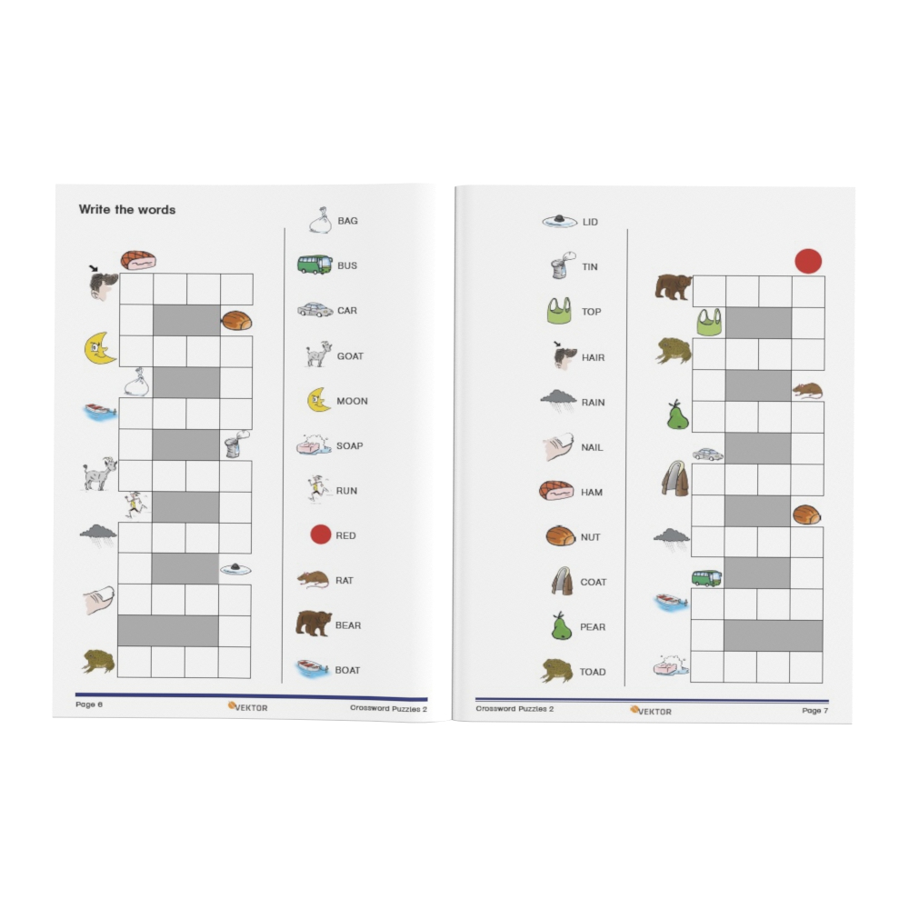 Forlaget Vektor | Engelsk | Øvelser | Crossword Puzzles 2 Fra dyr til transportmidler – en varieret rejse gennem engelsk ordforråd for indskolingen.